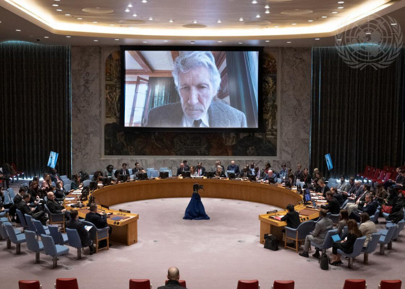 Intervention de Roger Waters au conseil de sécurité des Nations Unies, le 8 février 2023.